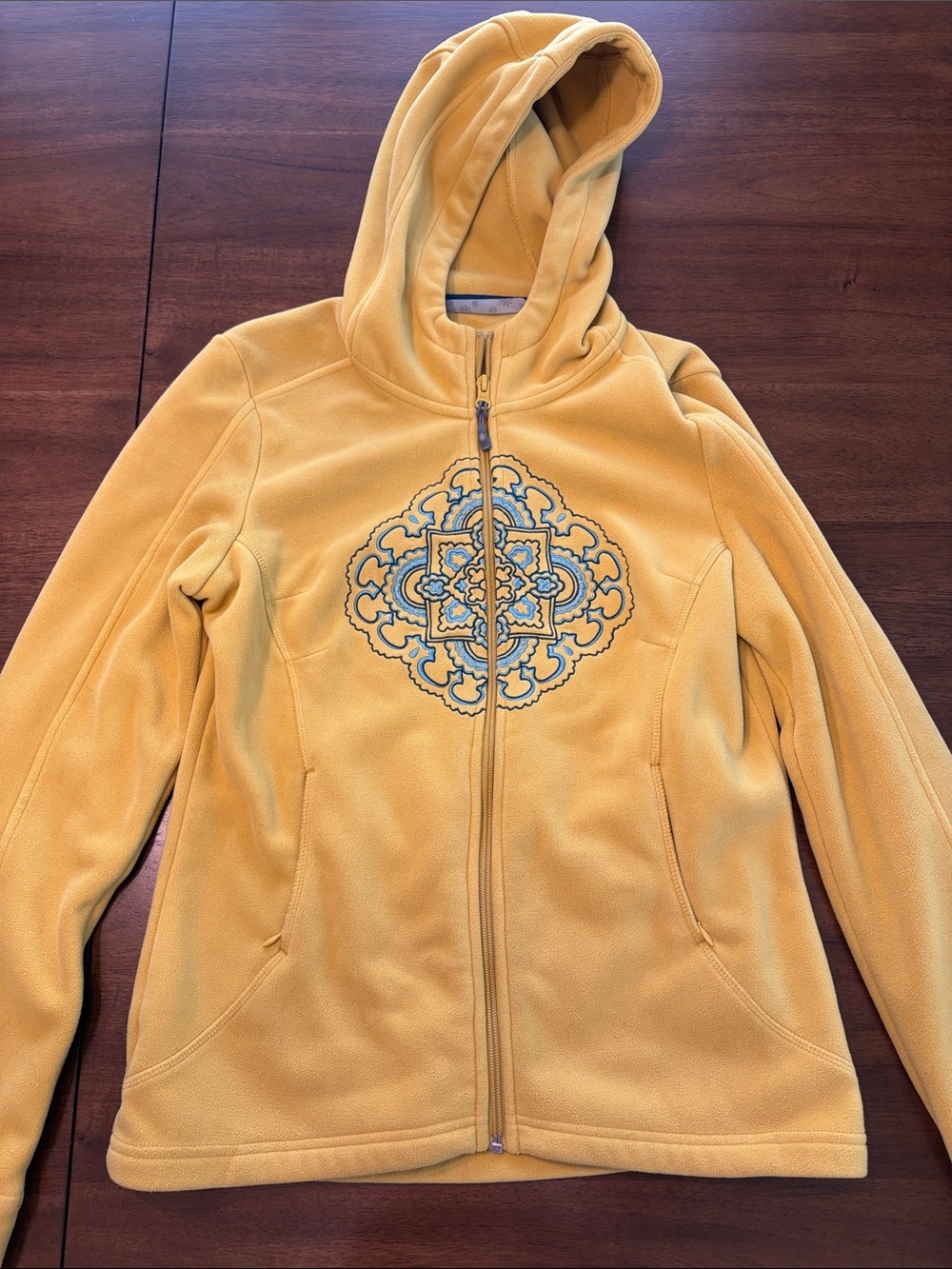 Athleta Mustard Hooded Fleece Jacket with Embroidered Medallion